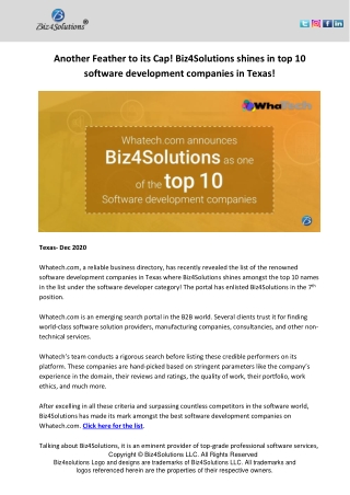 Another Feather to its Cap! Biz4Solutions shines in top 10 software development companies in Texas!