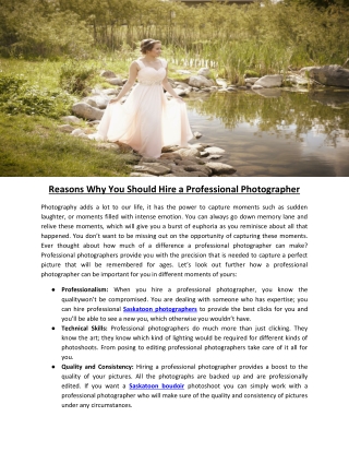 Reasons Why You Should Hire a Professional Photographer