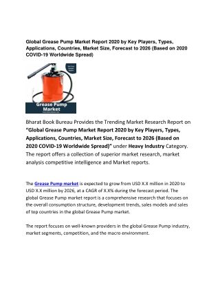 Global Grease Pump Market Report 2020 Types, Application and Forecasts 2026