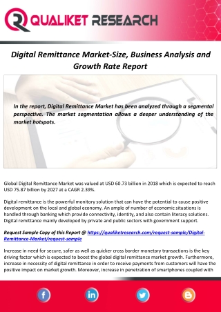 Digital Remittance Market Size, Share and Forecast Report 2020-2027