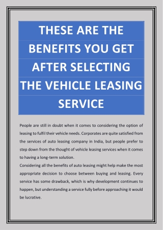 These Are the Benefits You Get After Selecting the Vehicle Leasing Service