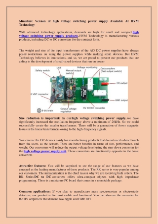 Miniature Version of high voltage switching power supply Available At HVM Technology