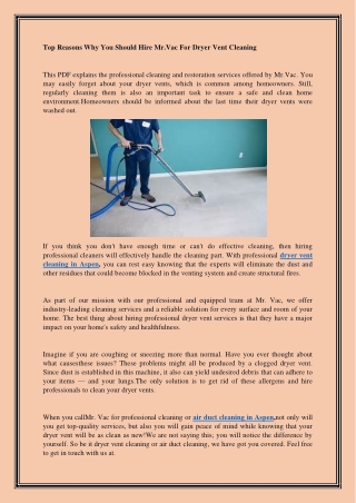 Top Reasons Why You Should Hire Mr.Vac For Dryer Vent Cleaning
