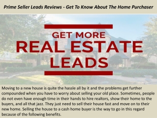 Prime Seller Leads Reviews - Get To Know About The Home Purchaser