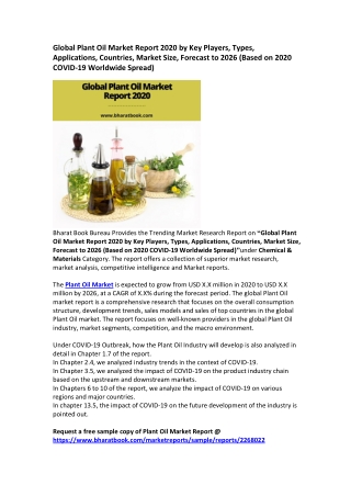 Global Plant Oil Market Analysis, Application & Forecast to 2026