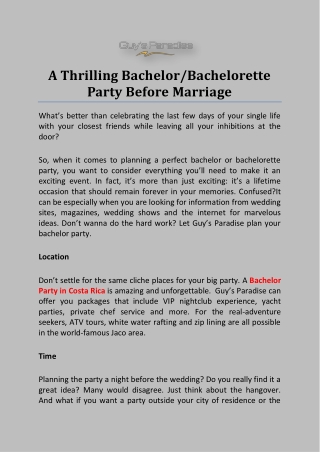 A Thrilling Bachelor/Bachelorette Party Before Marriage