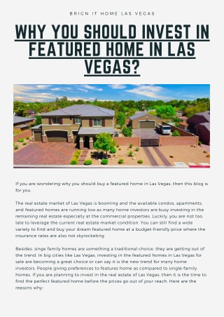 Why You Should Invest In Featured Home In Las Vegas?