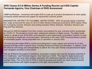 DHS Closes $13.6 Million Series A Funding Round Led AXIS Capital: Fernando Aguirre, Vice Chairman of DHS Announced