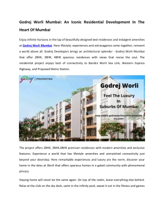 Godrej Worli At Mumbai - New Launch By Godrej Properties