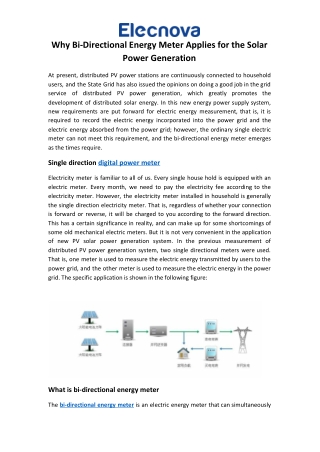 Why Bi-Directional Energy Meter Applies for the Solar Power Generation