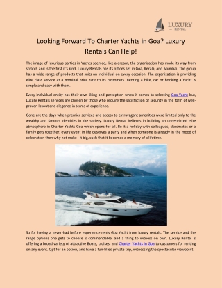 Looking forward to charter yachts in goa?