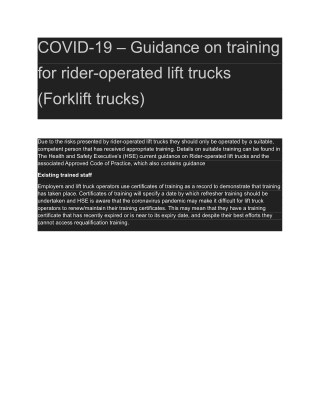 COVID-19 – Guidance on training for rider-operated lift trucks (Forklift trucks)