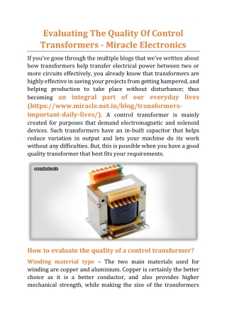 Evaluating The Quality Of Control Transformers - Miracle Electronics