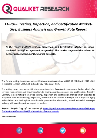 Testing, Inspection, and Certification Market in Europe : Size and Forecast Report by 2027