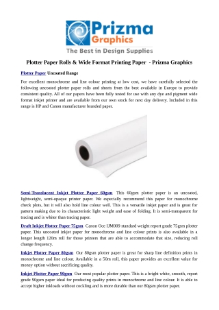 Plotter Paper Rolls & Wide Format Printing Paper - Prizma Graphics