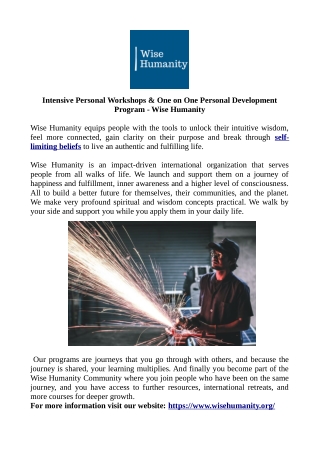 Intensive Personal Workshops & One on One Personal Development Program - Wise Humanity