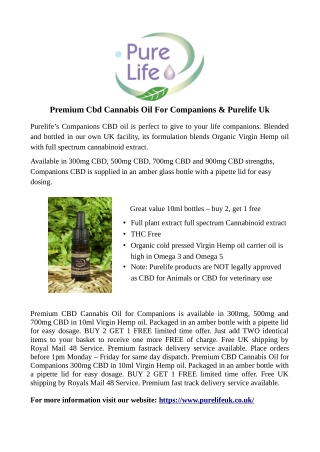 Premium Cbd Cannabis Oil For Companions & Purelife Uk