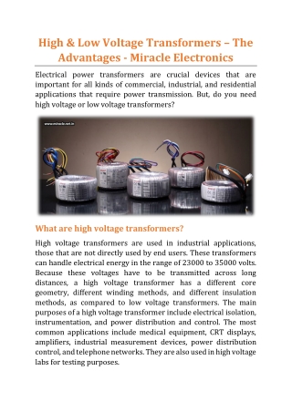 High & Low Voltage Transformers – The Advantages - Miracle Electronics