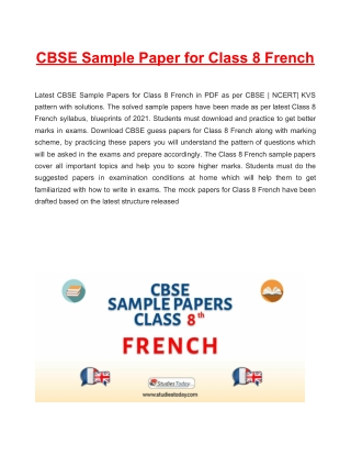 CBSE Sample Paper for Class 8 French Based on Revised CBSE Syllabus 2020-21