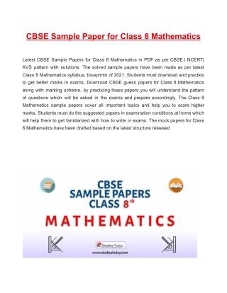 CBSE Sample Paper for Class 8 Mathematics Based on Revised CBSE Syllabus 2020-21