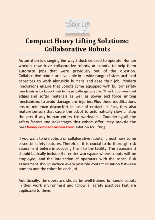 Compact Heavy Lifting Solutions: Collaborative Robots