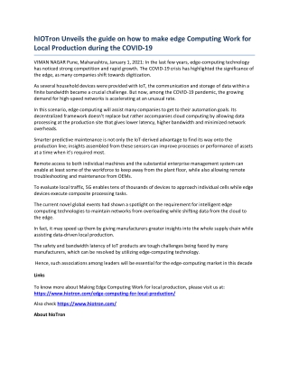 hIOTron Unveils the guide on how to make edge Computing Work for Local Production during the COVID-19