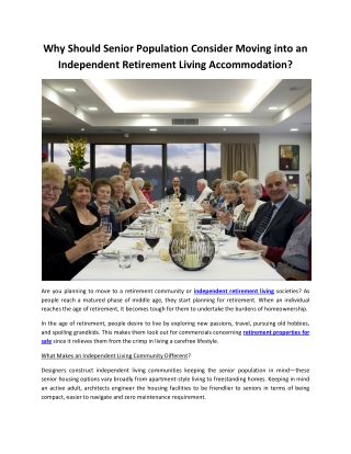 Why Should Senior Population Consider Moving into an Independent Retirement Living Accommodation?