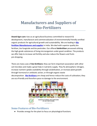 Manufacturers and Suppliers of Bio-Fertilizers