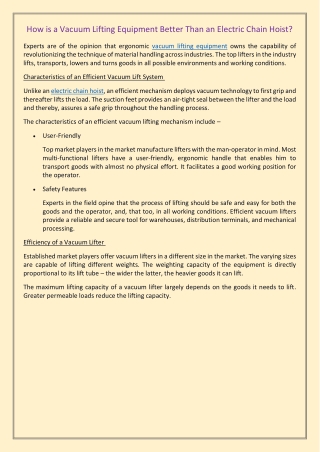 How is a Vacuum Lifting Equipment Better Than an Electric Chain Hoist?