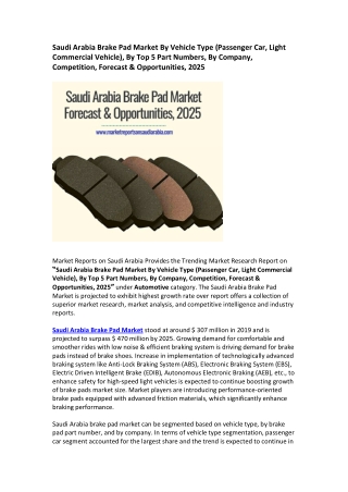 Saudi Arabia Brake Pad Market Forecast & Opportunities, 2025