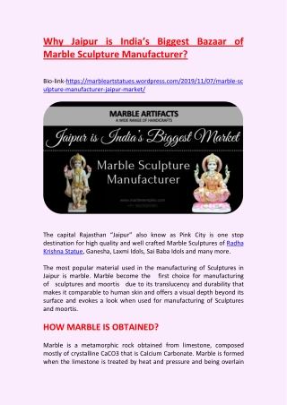 Jaipur is India’s Biggest Market of Marble Sculpture Manufacturer