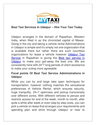 Best Taxi Services In Udaipur – Hire Your Taxi Today
