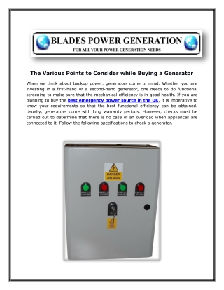 The Various Points to Consider while Buying a Generator