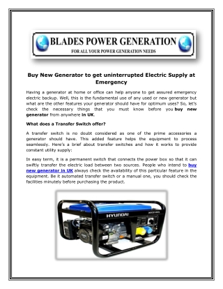 Buy New Generator to get uninterrupted Electric Supply at Emergency