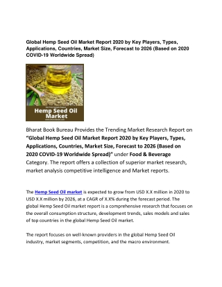 Global Hemp Seed Oil Market Report 2020: by Key Players and Research Report 2026