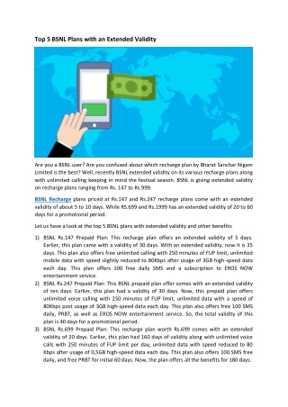 Top 5 BSNL Plans with an Extended Validity