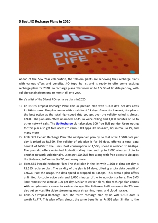 5 Best JIO Recharge Plans in 2020