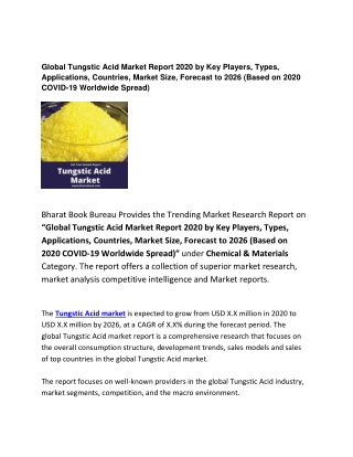 Global Tungstic Acid Market Report 2020 Countries, Market Size Forecast to 2026