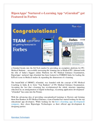 RipenApps’ Nurtured e-Learning App “eGurukul” got Featured in Forbes