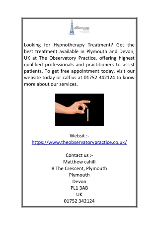 Plymouth Hypnotherapy Treatment at the Observatory Practice