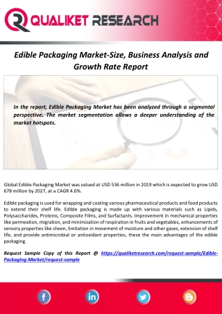 Edible Packaging Market Size will Escalate Rapidly in the Near Future | Global Forecast Report by 2027