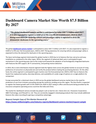 Dashboard Camera Market Size Worth $7.5 Billion By 2027