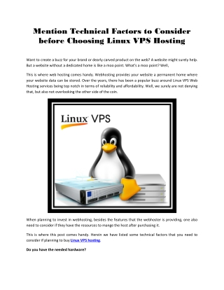 Mention Technical Factors to Consider before Choosing Linux VPS Hosting