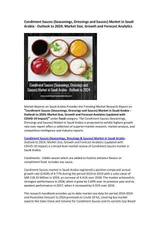 Condiment Sauces (Seasonings, Dressings and Sauces) Market in Saudi Arabia - Outlook to 2024