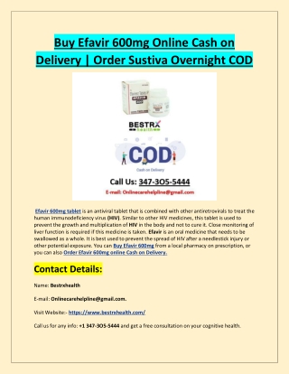 Buy Efavir 600mg Online Cash on Delivery | Order Sustiva Overnight COD
