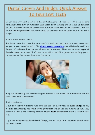 Dental Crown And Bridge: Quick Answer To Your Lost Teeth