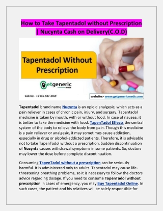 How to Take Tapentadol without Prescription | Nucynta Cash on Delivery(C.O.D)