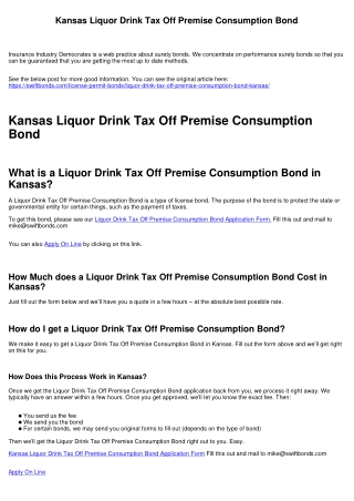 Kansas Liquor Drink Tax Off Premise Consumption Bond