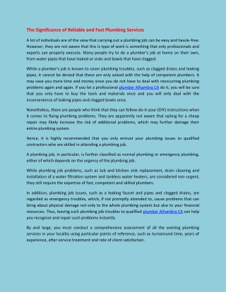 The Significance of Reliable and Fast Plumbing Services