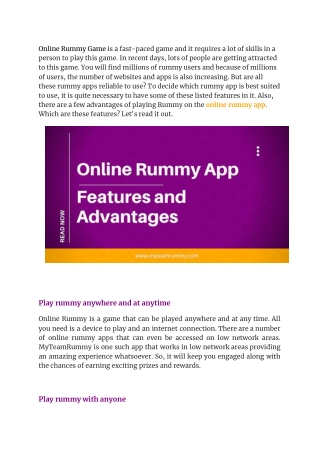Features of online rummy app - MyTeamRummy